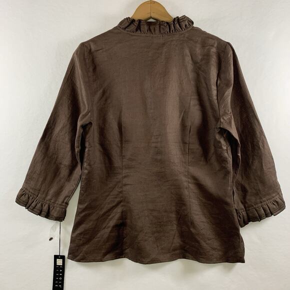 Carole Little Womens 100% Linen Ruffle Button Top Sz M Brown Coastal Boho New - Picture 4 of 12
